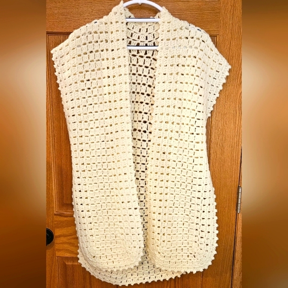Handmade Sweaters - Handmade Crochet Open Short Sleeve Cardican Soft Cream Square Pattern Sz. M